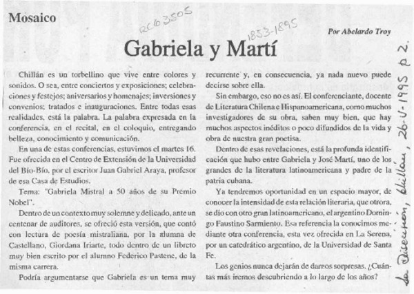 Gabriela y Martí  [artículo] Abelardo Troy.