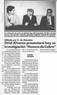 Oriel Alvarez presentará hoy su investigación "Huasco de cobre"  [artículo].