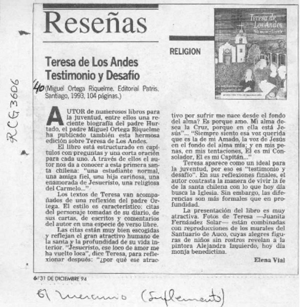 Teresa de Los Andes, testimonio y desafío  [artículo] Elena Vial.