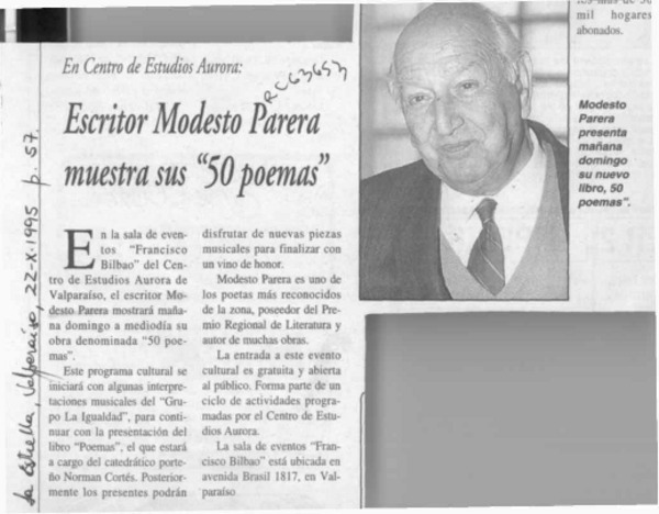 Escritor Modesto Parera muestra sus "50 poemas"  [artículo].
