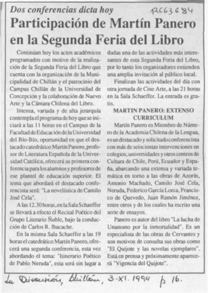 Participación de Martín Panero en la segunda feria del libro  [artículo].