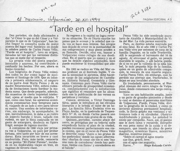"Tarde en el hospital"  [artículo] Hugo Rolando Cortés.