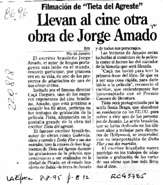 Llevan al cine otra obra de Jorge Amado  [artículo].