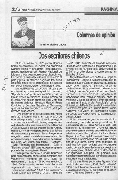 Dos escritores chilenos  [artículo] Marino Muñoz Lagos.