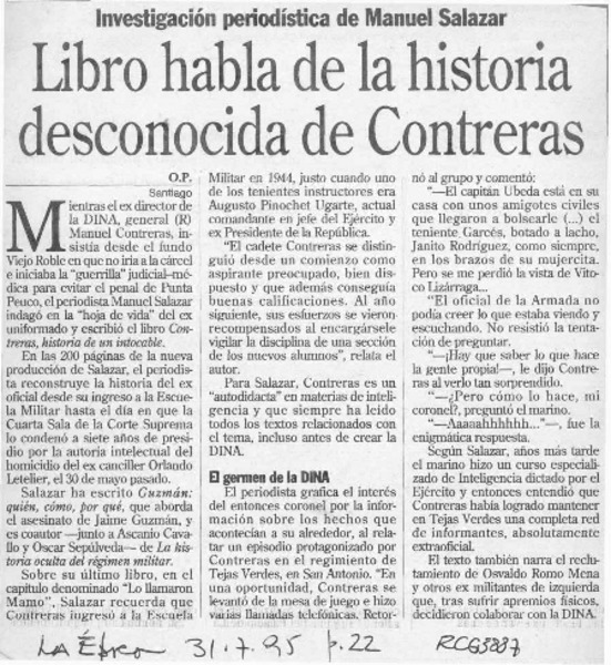 Libro habla de la historia desconocida de Contreras  [artículo] O. P.