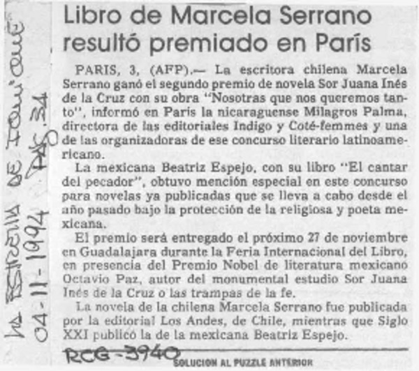 Libro de Marcela Serrano resultó premiado en París  [artículo].