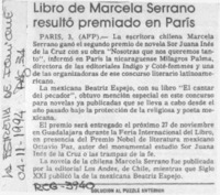 Libro de Marcela Serrano resultó premiado en París  [artículo].