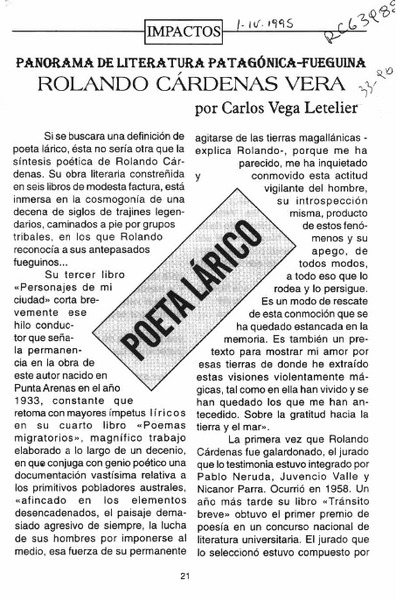 Rolando Cárdenas Vera  [artículo] Carlos Vega Letelier.