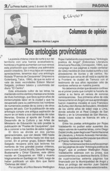 Dos antologías provincianas  [artículo] Marino Muñoz Lagos.