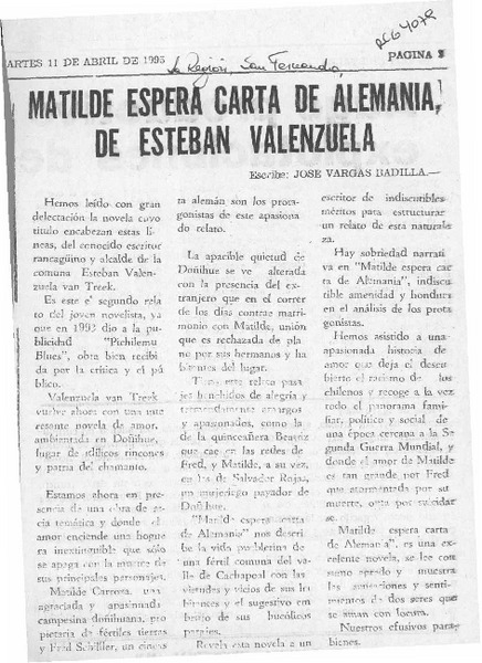 Matilde espera carta de Alemania, de Esteban Valenzuela  [artículo] José Vargas Badilla.