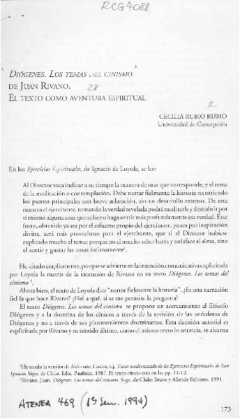 Diógenes, los temas del cinismo de Juan Rivano  [artículo] Cecilia Rubio Rubio.