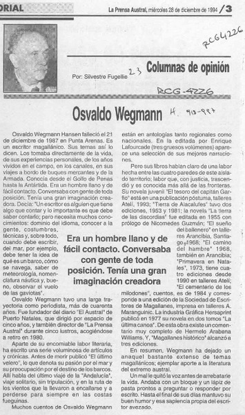 Osvaldo Wegmann  [artículo] Silvestre Fugellie.