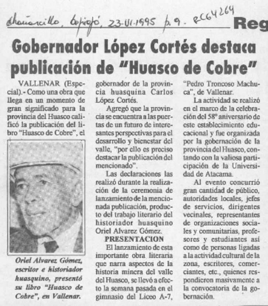 Gobernador López Cortés destaca publicación de "Huasco de cobre"  [artículo].