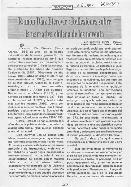Ramón Díaz Eterovic, reflexiones sobre la narrativa chilena de los noventa  [artículo] Guillermo García Corales.