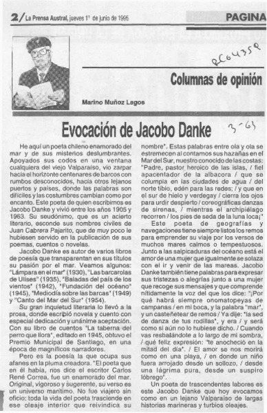 Evocación de Jacobo Danke  [artículo] Marino Muñoz Lagos.