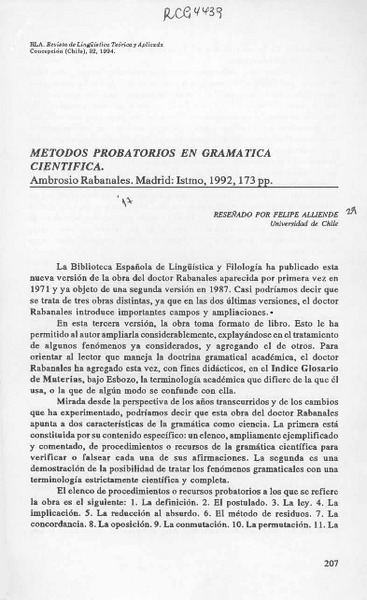 Métodos probatorios en gramática científica  [artículo] Felipe Alliende.