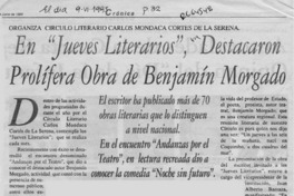 En "Jueves literarios", destacaron prolífera obra de Benjamín Morgado  [artículo] Katherine López G.