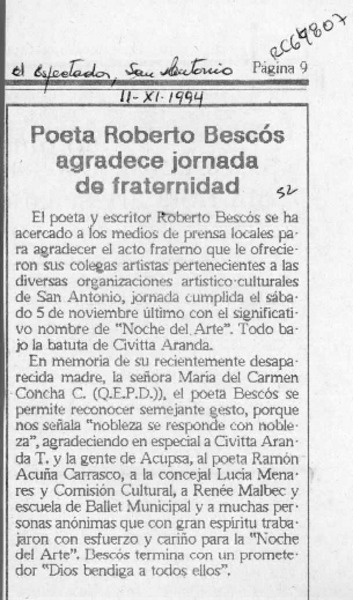 Poeta Roberto Bescós agradece jornada de fraternidad  [artículo].