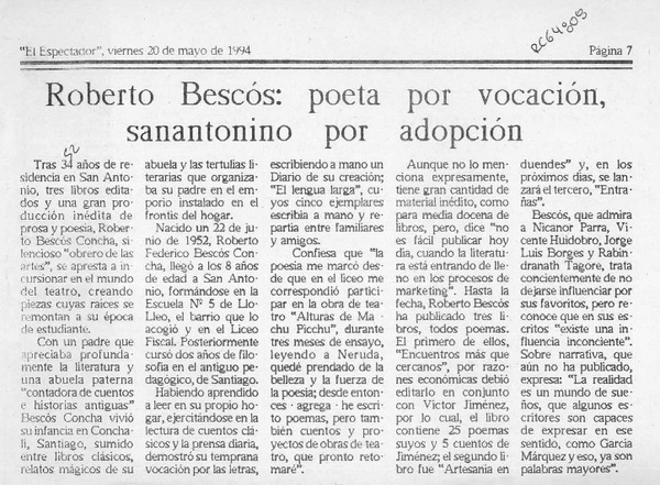 Roberto Bescós, poeta por vocación, sanantonino por adopción  [artículo].