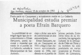 Municipalidad estudia premiar a poeta Efraín Barquero  [artículo].