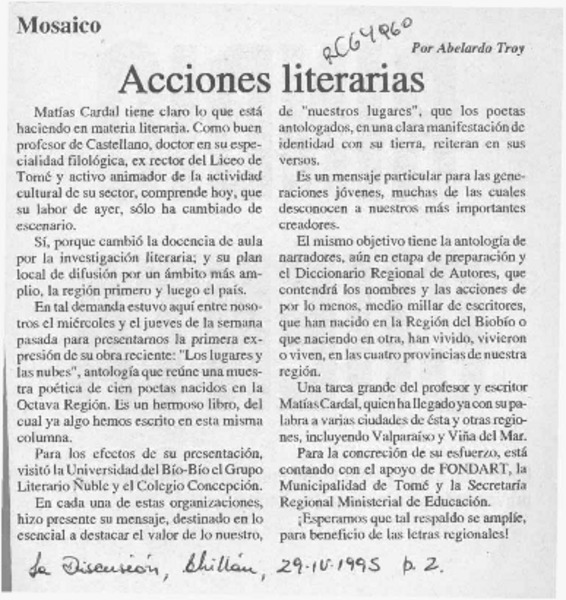 Acciones literarias  [artículo] Abelardo Troy.