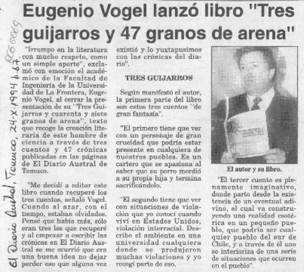Eugenio Vogel lanzó libro "Tres guijarros y 47 granos de arena"  [artículo].