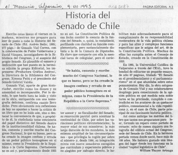 Historia del senado de Chile  [artículo] William Thayer Arteaga.