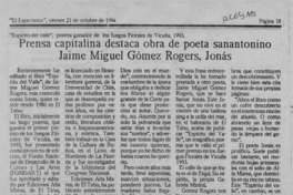 Prensa capitalina destaca obra de poeta sanantonino Jaime Miguel Gómez Rogers, Jonás  [artículo].
