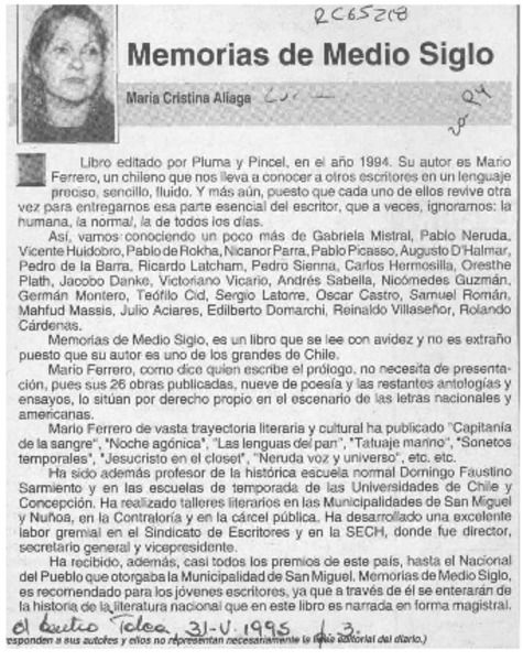Memorias de medio siglo  [artículo] María Cristina Aliaga.