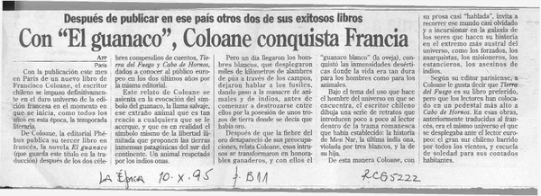 Con "El guanaco", Coloane conquista Francia  [artículo].