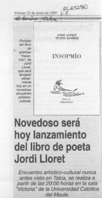 Novedoso será hoy lanzamiento del libro de poeta Jordi Lloret  [artículo].