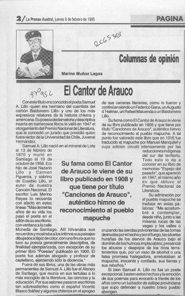 El cantor de Arauco  [artículo] Marino Muñoz Lagos.