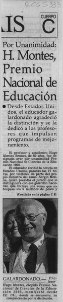 H. Montes, Premio Nacional de Educación  [artículo].