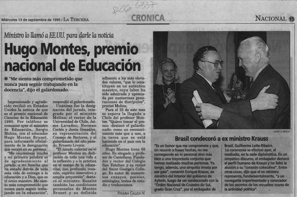 Hugo Montes, Premio Nacional de Educación  [artículo] Paulina Calleja N.