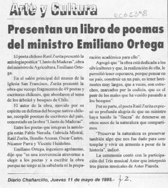 Presentan un libro de poemas del ministro Emiliano Ortega  [artículo].