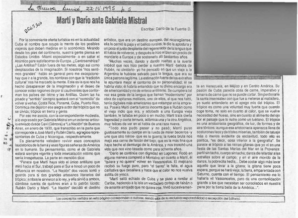 Martí y Darío ante Gabriela Mistral  [artículo] Darío de la Fuente D.