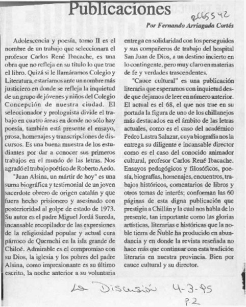 Publicaciones  [artículo] Fernando Arriagada Cortés.