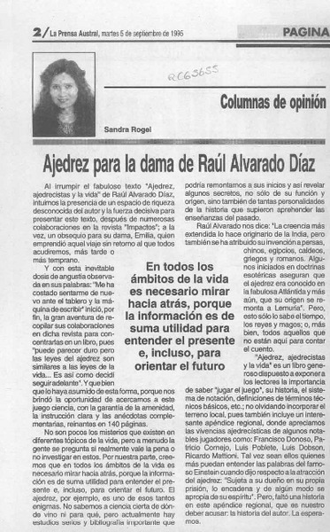 Ajedrez para la dama de Raúl Alvarado Díaz  [artículo] Sandra Rogel.