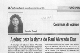 Ajedrez para la dama de Raúl Alvarado Díaz  [artículo] Sandra Rogel.