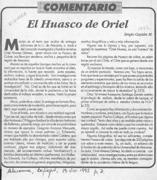 El Huasco de Oriel  [artículo] Sergio Gaytán M.