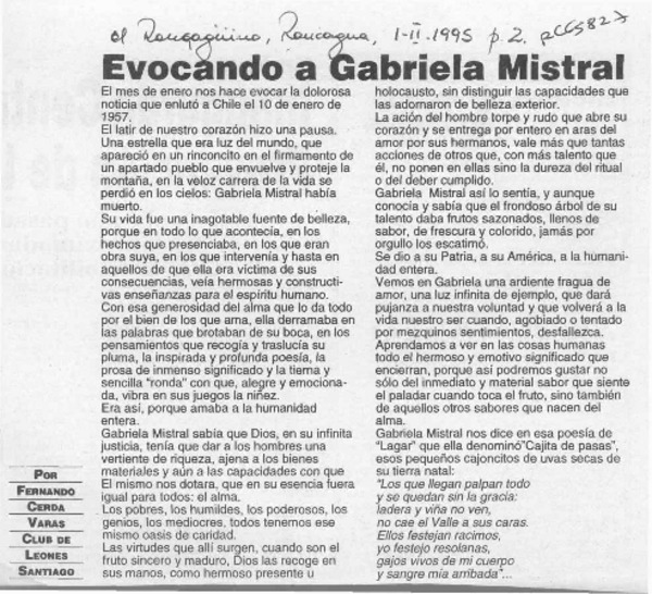 Evocando a Gabriela Mistral  [artículo] Fernando Cerda Varas.