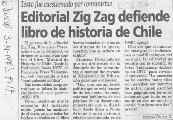 Editorial Zig Zag defiende libro de historia de Chile  [artículo] Paulina Calleja N.