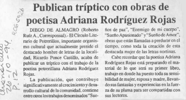 Publican tríptico con obras de poetisa Adriana Rodríguez Rojas  [artículo] Roberto Ruiz A.