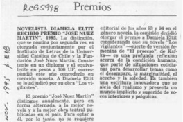 Novelista Diamela Eltit recibió premio "José Nuez Martín"  [artículo].