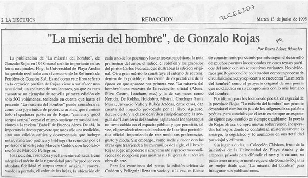 "La miseria del hombre", de Gonzalo Rojas  [artículo] Berta López Morales.