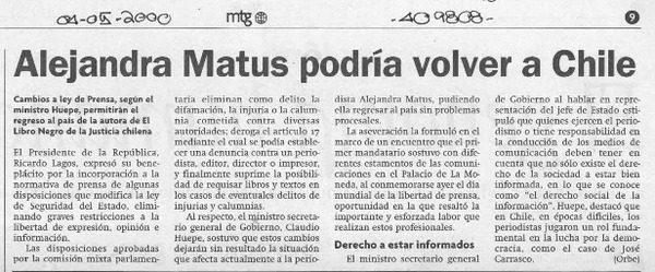 Alejandra Matus podría volver a Chile  [artículo]