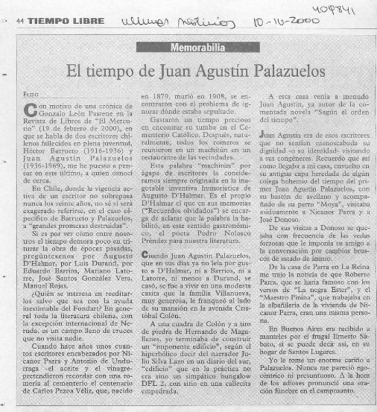 El tiempo de Juan Agustín Palazuelos  [artículo] Filebo