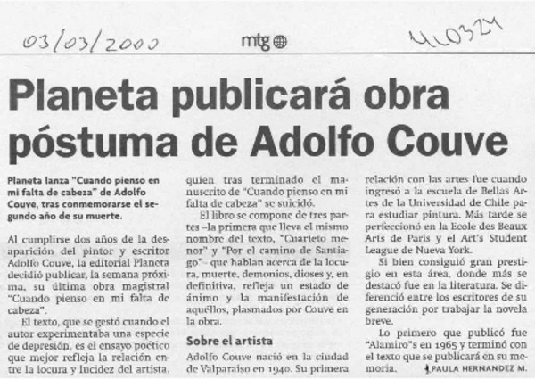 Planeta publicará obra póstuma de Adolfo Couve  [artículo] Paula Hernández M.