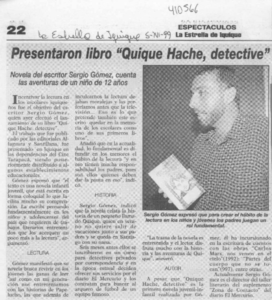 Presentaron libro "Quique Hache, detective"  [artículo]