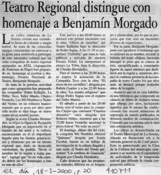Teatro regional distingue con homenaje a Benjamín Morgado  [artículo]